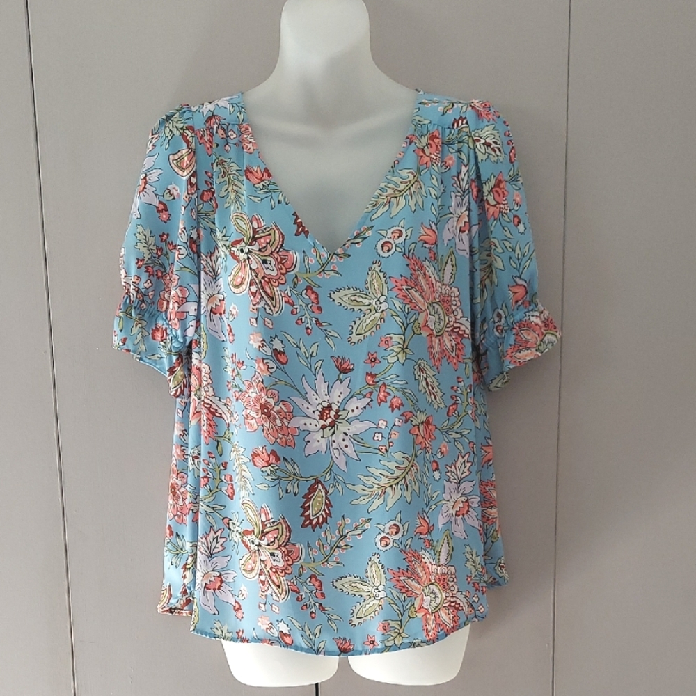 LOFT Blue Floral Flounce Cinched Short Sleeve Peasant Style Blouse Size Small